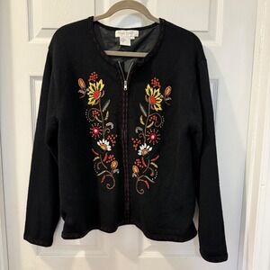Vintage‎ Great Cavalier Black Embroidered 100% Wool Sweater L Thanksgiving Fall